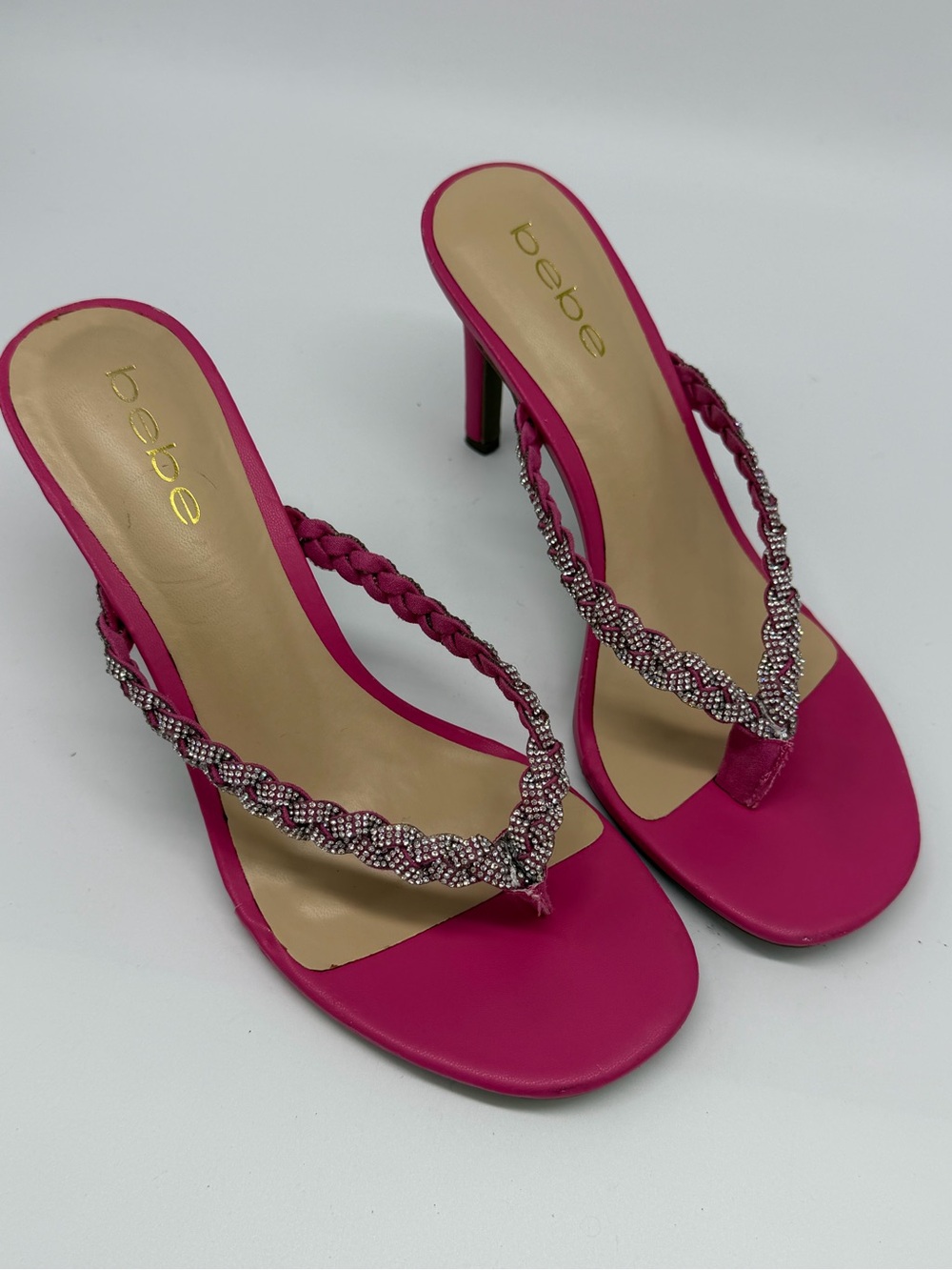 Bebe Fuchsia Braided Crystal Thong Heels